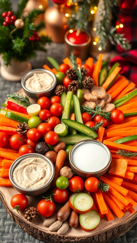 A festive charcuterie board with assorted fresh vegetables and dips for Christmas.